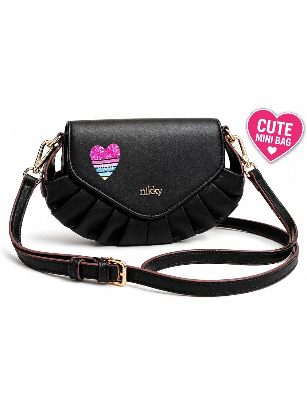 Nikky USA Black Ruffle Mini Crossbody Bag Heart Patch Vegan Leather Gold...